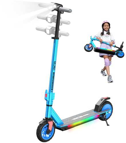 RCB R12 PRO E-Scooter Kinder 6+ Jahren, bis zu 16km/h &15km, 7 Zoll Faltbar Elektroroller,Höhenanpassung,Bunte Leuchten,LED Display,Doppelte Bremsen, Geschenk für Kinder
