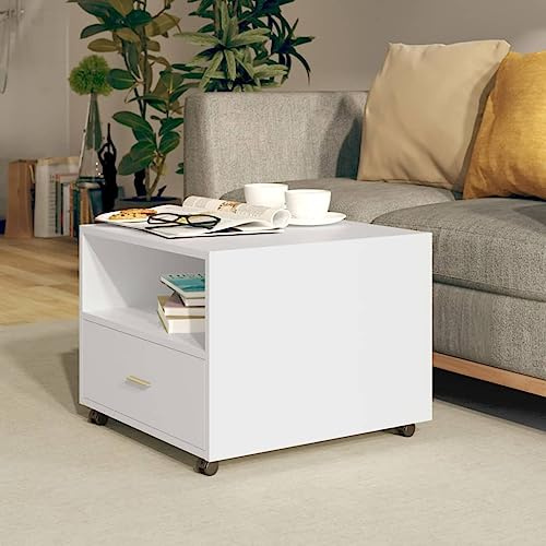 JHQHSM Weißer Couchtisch 55x55x40 cm aus Holzwerkstoff mit 360° Rollen, Schublade und Staufach für Wohnzimmer Aufbewahrung, Beistelltisch mit arretierbaren Rollen und glatter