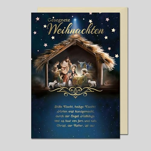Edle Weihnachtskarte mit christlichem Motiv | Klappkarte Weihnachten mit Umschlag | religiöse Weihnachtsgrußkarte mit Krippenszene | kirchliche Weihnachtsbotschaft für Familie & Freunde | Made in DE