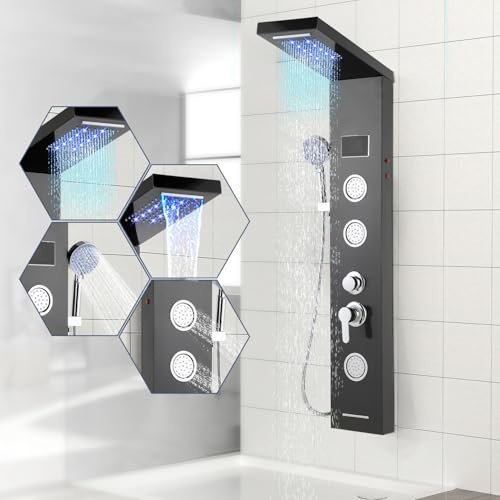 Vkechh Duschpaneel mit Armatur, 5 Funktionen Edelstahl Duschpaneel mit LED Temperaturanzeige Regen&Wasserfall Dusche、Handbrause、Massagedüsen und Wanneneinlauf Duschsäule