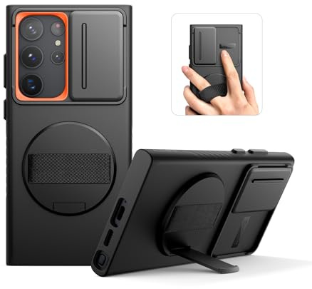 SURITCH Hülle Kompatibel mit Samsung Galaxy S23 Ultra Handyhülle mit 360° Drehbarer Handschlaufe Telefongriffhalter & Ständer & Schiebekameraabdeckung Robuste Stoßfeste Schutzhülle - Schwarz