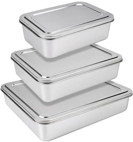 3er Set Edelstahl Backformen mit Deckel 33/28/23 cm Rechteckige Backbleche mit Abdeckung für Kuchen Brot Aufläufe Fisch Gemüse