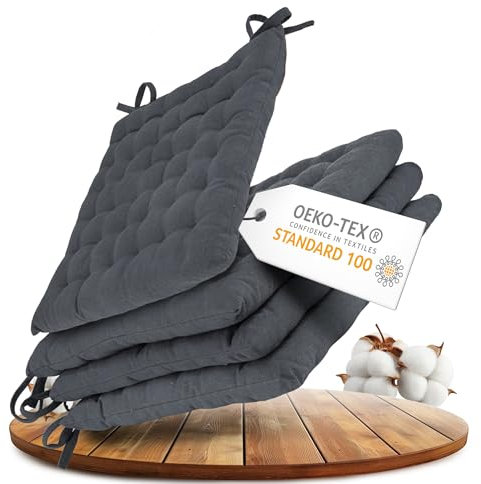 Gräfenstayn® 4er-Set Baumwoll-Sitzkissen 40x40x5cm mit Haltebändern für Indoor und Outdoor mit Öko-Tex Siegel - (Anthrazit)