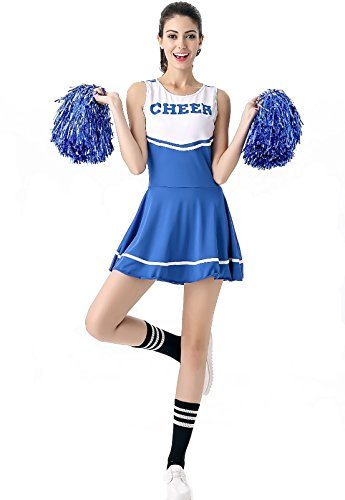 ThreeH Mädchen Cheerleader Kostüm Dame Halloween Kostüm Kleid Cheerleading Kleid Keine Pompons C40,Blue