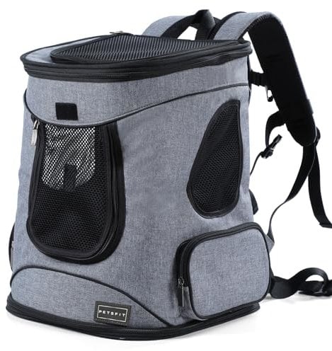 Petsfit Trasportino per Gatti Cani 5kg, Zaino per Gatti con Fascia Toracica e Cintura Trasportino per Cani taglia Piccola, Grigio, 32x29x43 cm