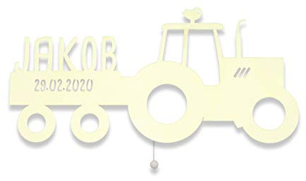 hellomini Personalisierbares LED-Nachtlicht mit Name für Kinder & Babys | Holz-Wandlampe | Schlummerlicht mit Motivwahl – Geschenk zur Geburt & Taufe (Traki der Traktor)