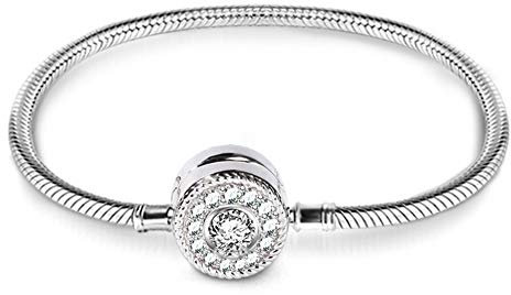 GNOCE Charm Bracelet Sterling Silver 18k Rose Gold Plated DIY Snake Chain Love At First Sight Basic Charm Bracelet With Gnoce Logo Bangle with Clasp (Silver, 18)