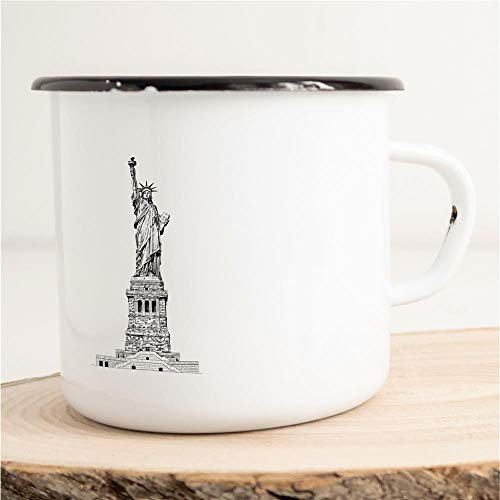 HUURAA! Emaille Tasse Freiheitsstatue Statue of Liberty USA Kaffeetasse Geschenk Idee für Frauen und Männer 300ml Retro Vintage Kaffee-Becher Weiß mit Stadt Namen für Freunde und Kollegen