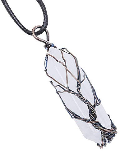 mookaitedecor Arbre de Vie Collier Pierre Pendentif Hexagonal Prisme Pointe Énergie Cristal Bijoux pour Femme Homme, Cristal de Roche
