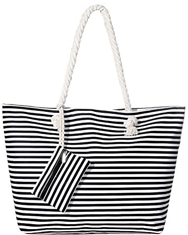 MASADA Badetasche XXL Familie Strandtasche Damen Beach bag groß mit Reißverschluss - Small black stripes