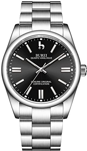 BUREI Uhr Herren Silber Uhren Herren Analog Quarz Armbanduhr mit Edelstahlarmband für Herrenuhr Elegant Klassich Schwarzes Dial
