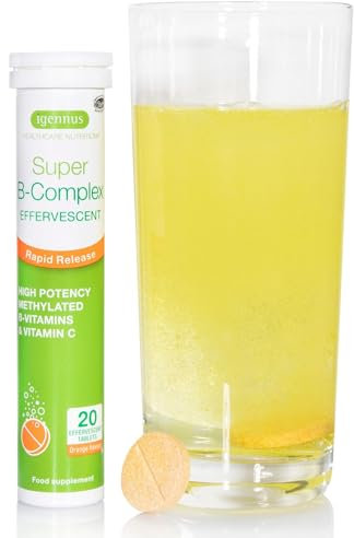 Super B-Complex Liquid B-Vitamin Effervescent Drink, Methylated, Fast Action Energy Supplement, Caffeine-Free, Sugar-Free, Orange Flavour, Vegan, 20 Effervescent Tablets, by Igennus