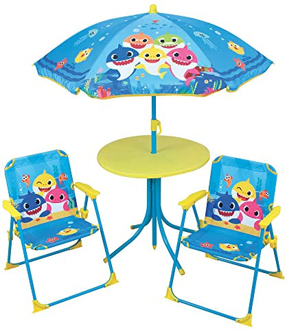 Fun House Baby Shark - Salotto da Giardino per Bambini, con Un Tavolo H.46 x Ø46 cm, Due sedie H.53 x L.38,5 x P.37,5 cm e Un ombrellone H.125 x Ø 100 cm 713462