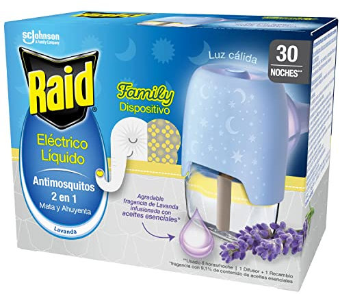 Raid® Eléctrico líquido Family Lavanda 30 noches - Enchufe anti mosquitos común y tigre 2 en 1, mata y ahuyenta. Aparato + Recambio, fragancia Lavanda