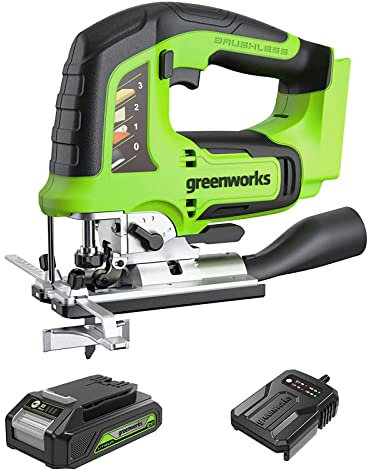 Greenworks GD24JSK2 Akku Stichsäge mit 2 Sägeblättern, 3000spm, verstellbarem Sockel bis 45°, Saugaufsatz PLUS 24V 2Ah Akku & Ladegerät, 3 Jahre Garantie