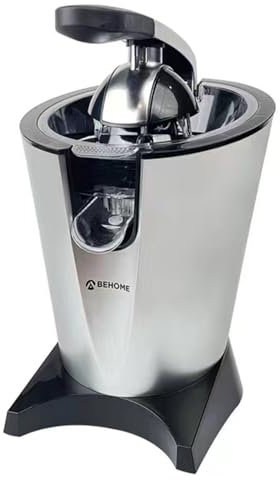 BEHOME Spremiagrumi Elettrico Professionale 2Litri | Spremiagrumi da Bar a Leva con braccio e beccuccio | 2 coni Acciaio Inox per Arancia e Limone e Filtro interno, nero e silver