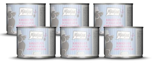 MjAMjAM - Premium Nassfutter für Hunde - blanchierte Pute mit reichlich Lachs an gedämpfter Zucchini an Soße, 6er Pack (6 x 185g), naturbelassen mit extra viel Fleisch