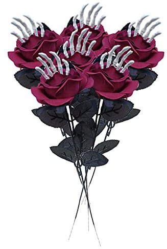 DCQRY 6 fiori di rose nere di Halloween, rose artificiali nere in seta con mano scheletro, bouquet a stelo lungo per la decorazione della casa e della festa di nozze