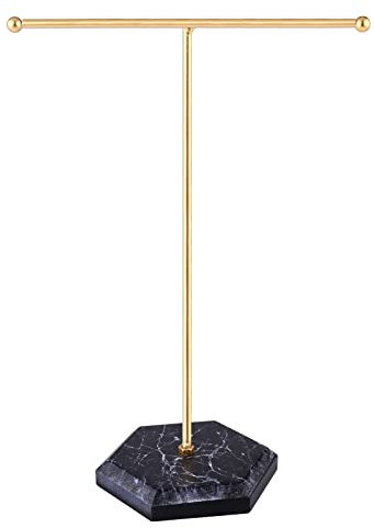 Hileyu Porte-Bijoux,Présentoir de Collier en T en Métal Présentoir à Bijoux en Forme de T,Collier Titulaire Organisateur D'affichage de Boucle d'oreille,Support Suspendu avec Plateau Rond en Marbre
