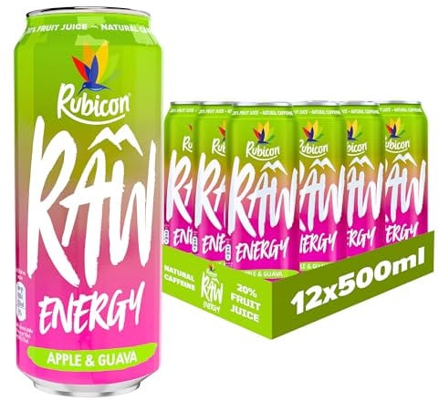 Rubicon RAW 12 Pack Apple & Guava 500ml Energy Drink, 20% Real Fruit Juice, High caffeine with B-Vitamins, Ginseng & Guarana, No Artificial Colours or Flavours, Reduce Tiredness & Boost Energy