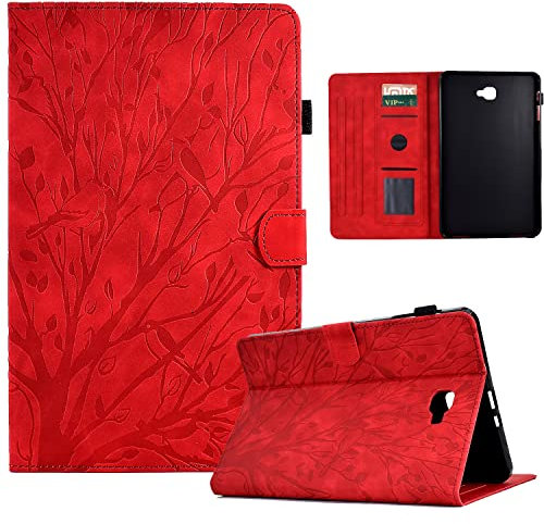 Bxithnr® Hülle für Samsung Galaxy Tab A6 10.1 Zoll (2016) Tablet Schutzhülle Ultra Dünn PU Leder mit Standfunktion und Stifthalter, Flip Cover Case Baum für Galaxy Tab A 10.1 SM-T580 / T585 - Rot