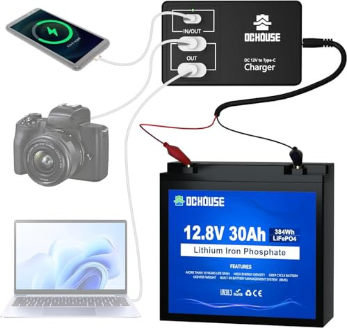 DCHOUSE 12V 30Ah LiFePO4 Lithium Batterie mit DC 12V zu Typ-C & USB Batterie Adapter Konverter,Deep Cycle Batterie für Wohnmobil, Golfwagen, Solar Panel, Kinderauto, Camping