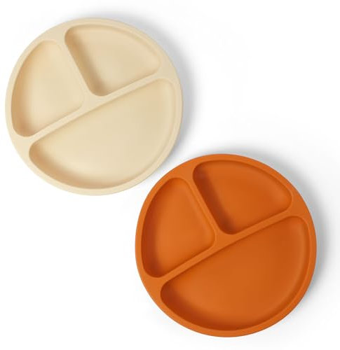 Aolso Plato de Silicona para Bebé Con Ventosa Antideslizante,Pack 2 platos de Silicona para Bebé,Ventosa para Bebé Plato Antivuelco para Niños,BPA Free-Marrón rojizo/Beige