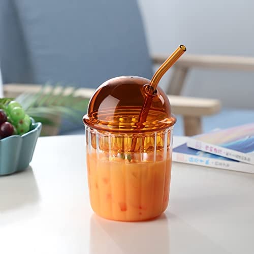 Bonitos Vasos para Beber con Tapa de Cúpula de Cristal Y Pajita, Reutilizables, de Boca Ancha, para Batidos, de 15 Onzas, de Cristal, para Café, Helado, Vaso de Cristal con Burbujas, para(Marrón)