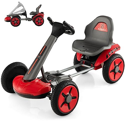 GOPLUS 12V Elektrisches Kinderfahrzeug, Gokart mit verstellbarem Lenkrad und Sitz, LED-Lichter, Klappbares Design, Tretauto zum Reiten für Jungen und Mädchen von 2-5 Jahren (Rot)