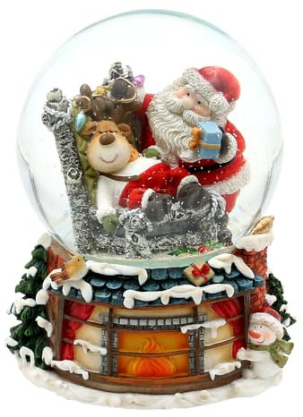 Schneekugel Rentier im Sessel und Weihnachtsmann, auf Kamin Sockel, mit Spielwerk, Melodie: Here Comes Santa Claus, L/B/H/Ø Kugel 11 x 11 x 15 cm Ø 10 cm.
