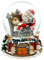 Schneekugel Rentier im Sessel und Weihnachtsmann, auf Kamin Sockel, mit Spielwerk, Melodie: Here Comes Santa Claus, L/B/H/Ø Kugel 11 x 11 x 15 cm Ø 10 cm.