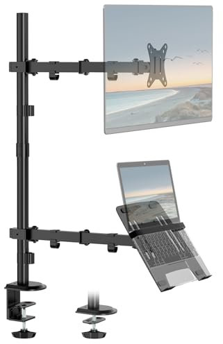 WORLDLIFT Soporte de montaje para laptop y monitor para 1 monitor de hasta 32 pulgadas y 1 portátil de hasta 15 pulgadas, soporte ajustable extra alto con abrazadera y base de montaje de ojales, peso