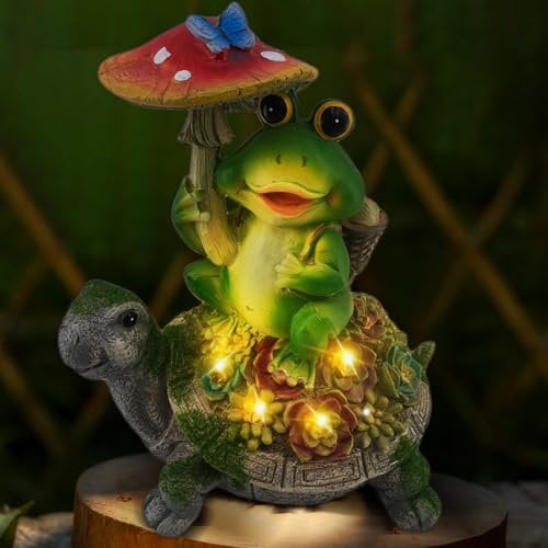 Solar Gartenfiguren Schildkröte Schildkröte Gartendeko LED Schildkröte & Frösche Gartenfiguren, Gartendeko Gartenstatuen mit Sukkulenten und 4 LED Leuchten für Hof Dekoration, Balkon, Gartengeschenke