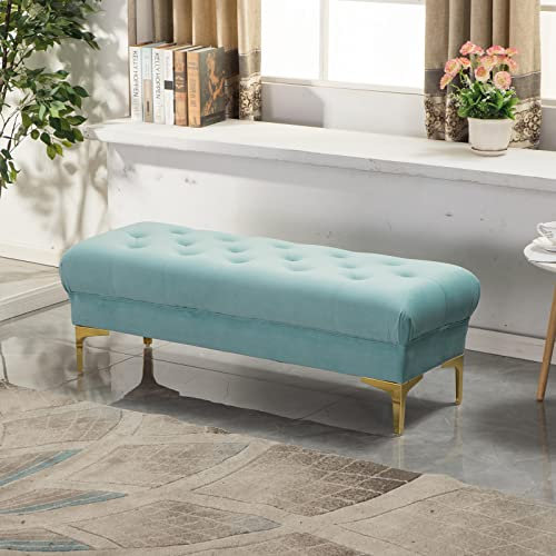 Moderne Samt-Polsterbank, gemütliche Schlafzimmer-Sitzbank mit goldenen Metallbeinen, rechteckige Plüsch-Schuhbank, getuftete Fußstütze, Hocker für Eingangsbereich, Wohnzimmer, Blau, 80 x 40