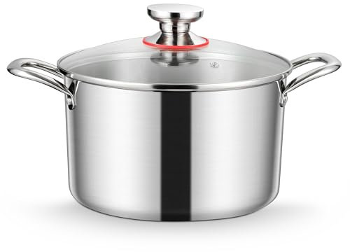 Homikit Kochtopf Groß 6,6L, Topf Induktion mit Glasdeckel, Nudeltopf Fleischtopf aus 3-Lagen Edelstahl, Stabiler Boden für alle Herdearten, Edelstahl Poliert & Unbeschichtet