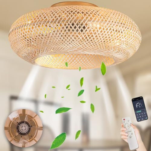 Lampe De Ventilateur Retro Bamboo Ceiling Light Ventilateurs De Plafond Avec Lumière Et Télécommande Réversible Silencieux Avec Lumière 6 Niveaux De Vitesse Du Vent Lumière Réglable Avec Ventilateur