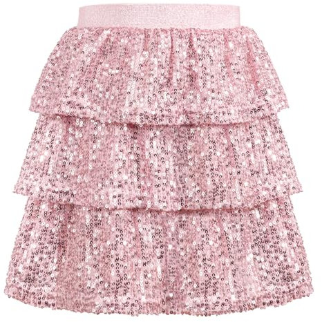 Bezioner Jupe Paillette Fille Sequin Scintillante Avec Volant et Taille Élastique - Patineuse Tenue de Fête Carnaval Rose 130