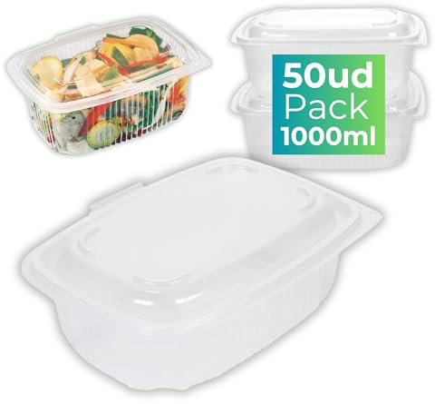 IAMI Pack 50 Fiambreras Reutilizables con Tapa Bisagra – Polipropileno (PP) – Aptas para Microondas y Lavavajillas – 1000 ml – Uso Alimentario Seguro – Envases Resistentes y Duraderos