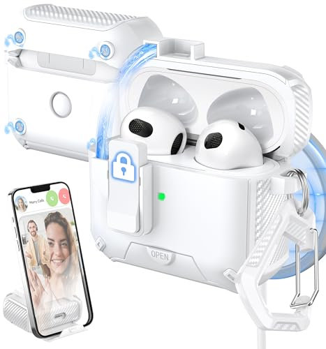 MHYALUDO Kompatibel mit AirPods 3 Generation Case Cover, Kompatibel mit Magsafe, magnetisches automatisches Schloss, Ladeanschluss staubdicht & Standdesign mit Reinigungsset, Weiß