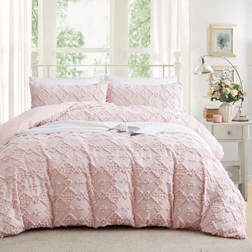 Freyamy Böhmen Bettwäsche 155x220cm 2teilig Rosa Getuftet Kariert Boho Bettwäsche Stickerei Shabby Chic Bettwaren-Sets Microfaser Weiche Bettbezug mit Reißverschluss und Kissenbezug 80x80cm