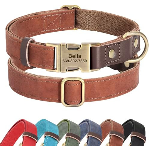 Didog Personalised PU Leather Dog Collar, Soft Durable Custom Dog Collars, Adjustable Dog Collar with Name Plate and Quick Released Metal Buckle for Small Medium Large Dogs, Brown, S
