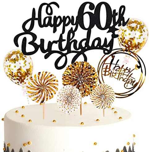 Ouceanwin Kuchendeko 60. Geburtstag Mann Frau, Glitter Tortendeko Geburtstag 60 Männer Kuchen Topper 60 Geburtstag Deko Cake Topper Happy Birthday Schwarz Gold für 60 Jahre Frau Geburtstagstorte Deko