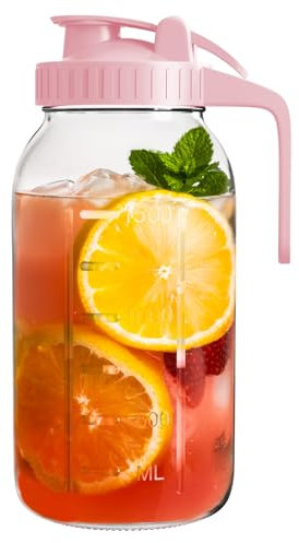 Glass Mason Jar Pitcher, 64 oz Wide Mouth Jug with Pour Spout Handle Lid for Cold Brew Coffee, Ice Beverage, Iced Juice, Lemonade, Sun Tea, Fruit Drinks Container（Pink）