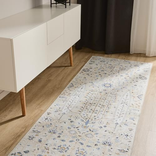benuta Basic Waschbarer Teppich George - Beige 80x240 cm - Kunstfaser - Läufer & im Style: Vintage, Elegant, Retro - Pflegeleicht für Wohnzimmer Schlafzimmer Flur