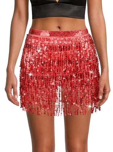 OFFCUP Glitzer Pailletten Quasten Rock für Bauchtanz, Damen Fransen Festival Glitzerrock, Rave Kostüm, Quastenrock für Fasching Karneval Party - Rot (Maximaler Taillenumfang 80cm)