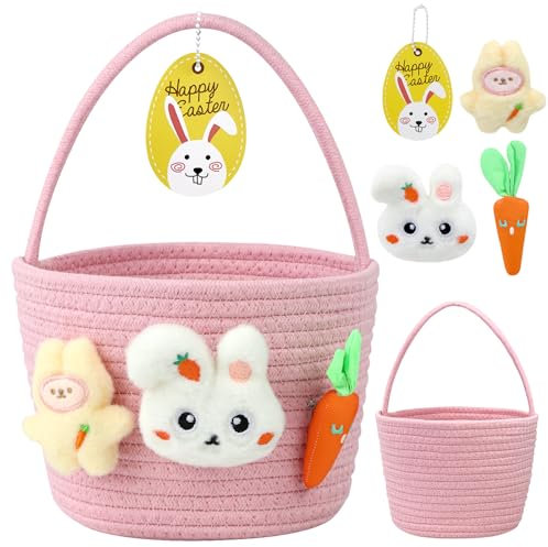 ZIOSINM Osterkörbchen, Osterkorb Kinder mit Henkel, Osternester zum Befüllen, Osternest Baumwollseil-Osterkörbchen, Kommt mit Drei Plüschpuppen und Dekorativer Karte (Rosa)