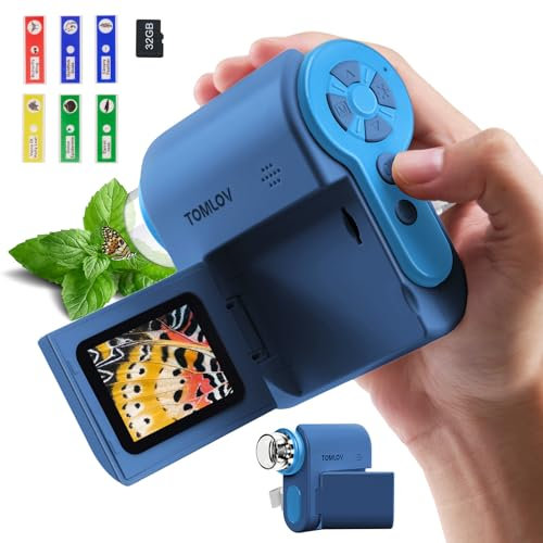 TOMLOV P20 Microscope Numérique Portable pour Enfants, Miniscope 3-en-1, Caméra DV 1080P avec Écran LCD Pliable de 2, Compatible avec MacOS Windows, Autonomie de 4 Heures, 6 Pcs Lames, 32 Go (Bleu)