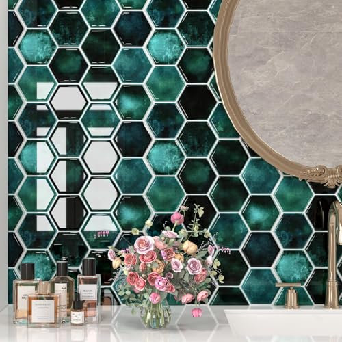 Decotalk Klebefliesen Küchenrückwand Grün Hexagon Fliesen Selbstklebend 30.5x30.5cm/3 Stück Wasserdicht Fliesenaufkleber Deko Folie Fliesen Klebefliesen Selbstklebende Küchenrückwand Klebefolie