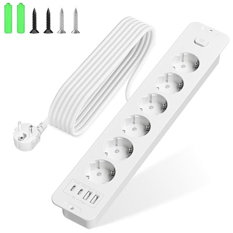 Enchufe con USB, enchufe múltiple de 6 enchufes retráctiles, enchufe de mesa, enchufe empotrable para cocina con cable de 2 m para mesa de conferencias, encimera, mesa de sofá (blanco, 6