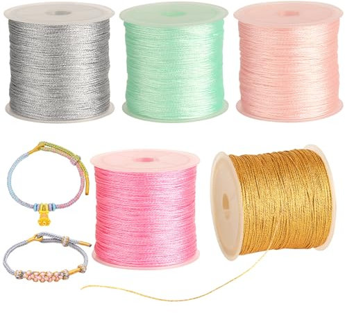 5 Rollen Metallic Kordel, Farbiger Metallisch Schnur für Basteln, 250m Goldfaden Silberfaden Seidenfäden für DIY Handwerk Armband Schmuck Halskette Machen, 0,4 mm x 50 m/Rolle (5 Farben)